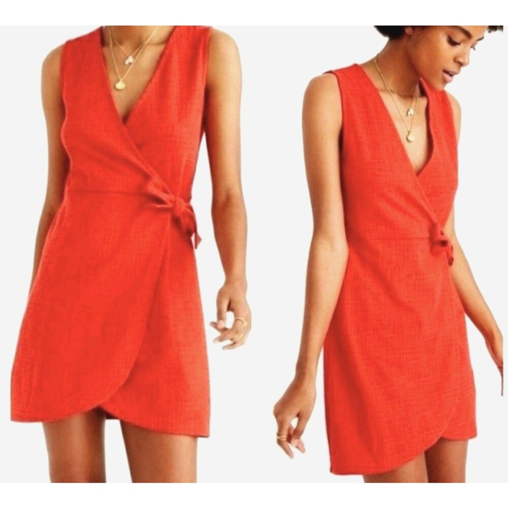 Madewell Texture & Thread Dress Womens Medium Crosshatch Side Tie Enamel Red